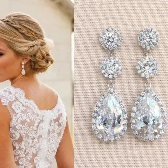 NEW LUXURY 925 STERLING SILVER DIAMOND EARRINGS, NICE EARRINGS, CUTE EARRINGS - Picture 1 of 7